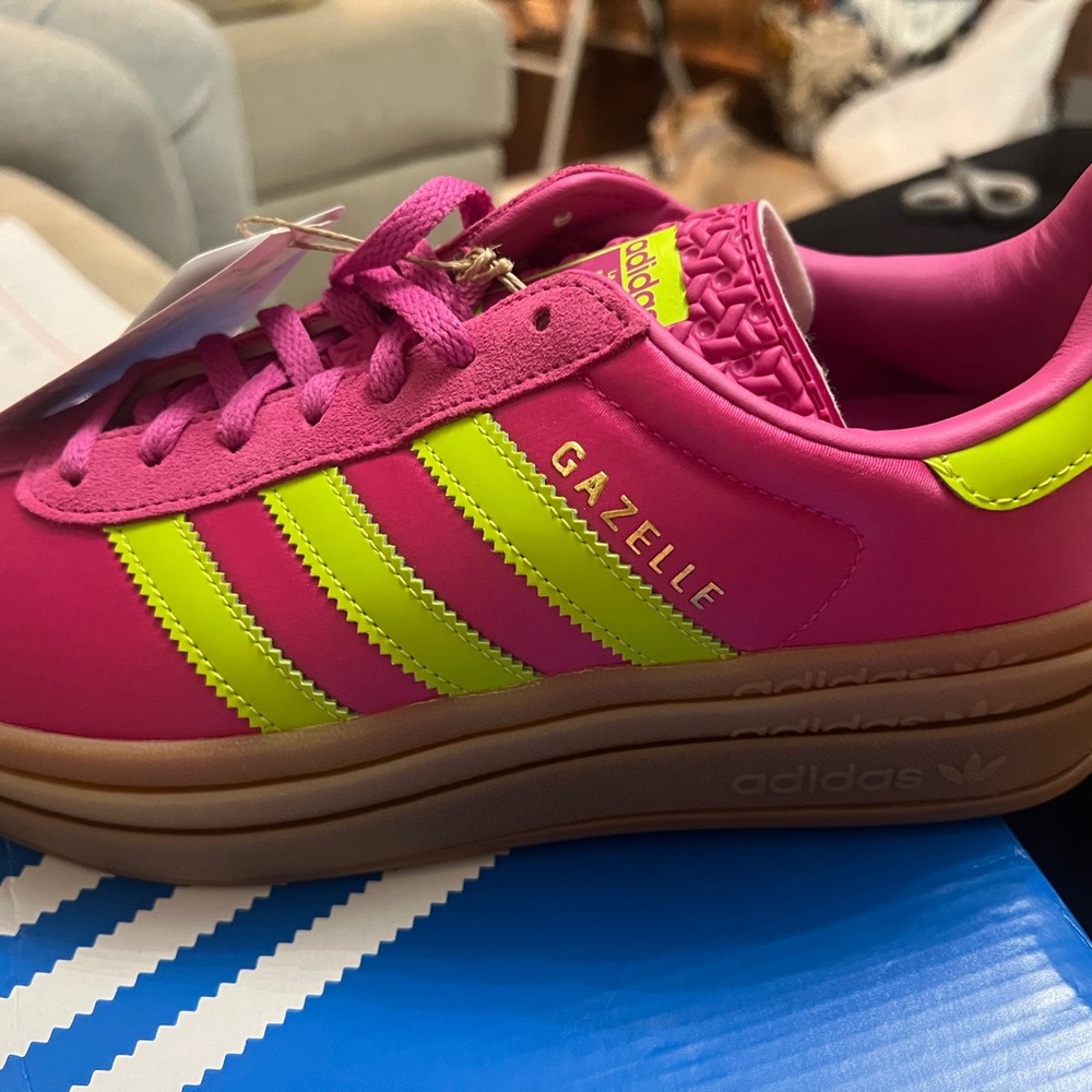 SOLD! Adidas Gazelle Women's Vibrant Pink and Neon Yellow Sneakers - Picture 2 of 4